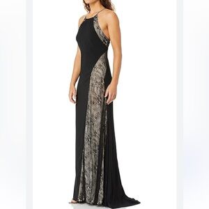 BADGLEY MISCHKA JEWEL Neck Velvet Lace Halter Black Long Gown SZ 6 LIKE NEW $650